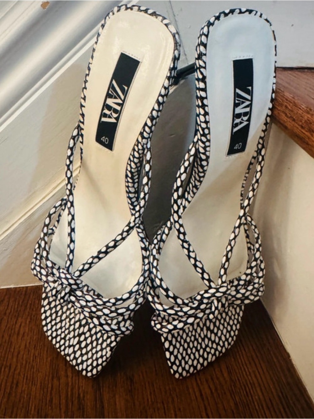 Zara Black and White Knotted Strappy Heeled Sandals